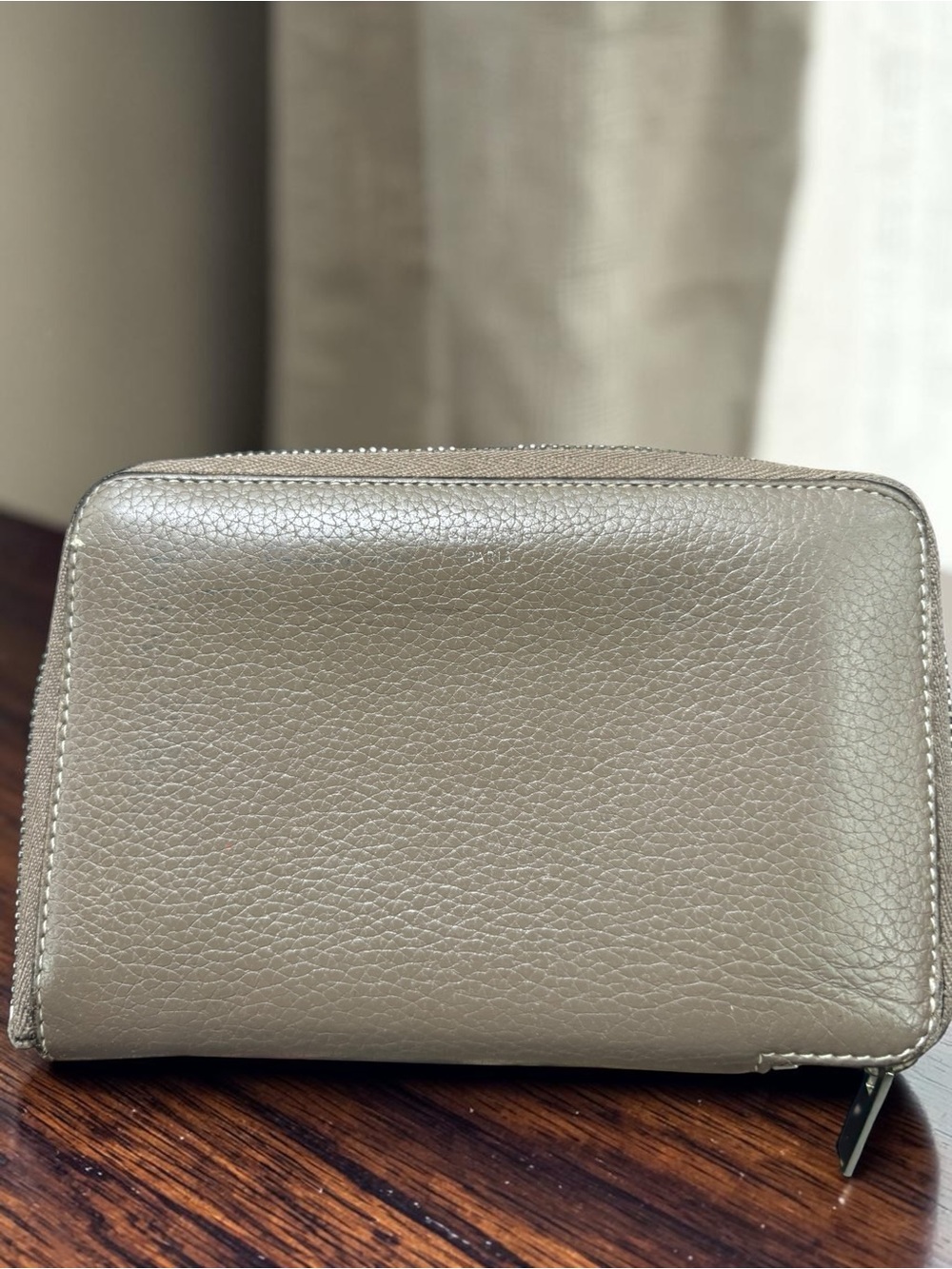 Céline Medium Zip Around Wallet Taupe Gray Yellow Grained Leather Made in Italy